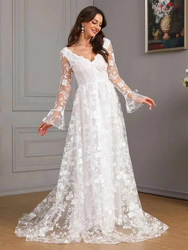 V Neck Floral Embroidery Mesh Overlay Maxi Wedding Dress