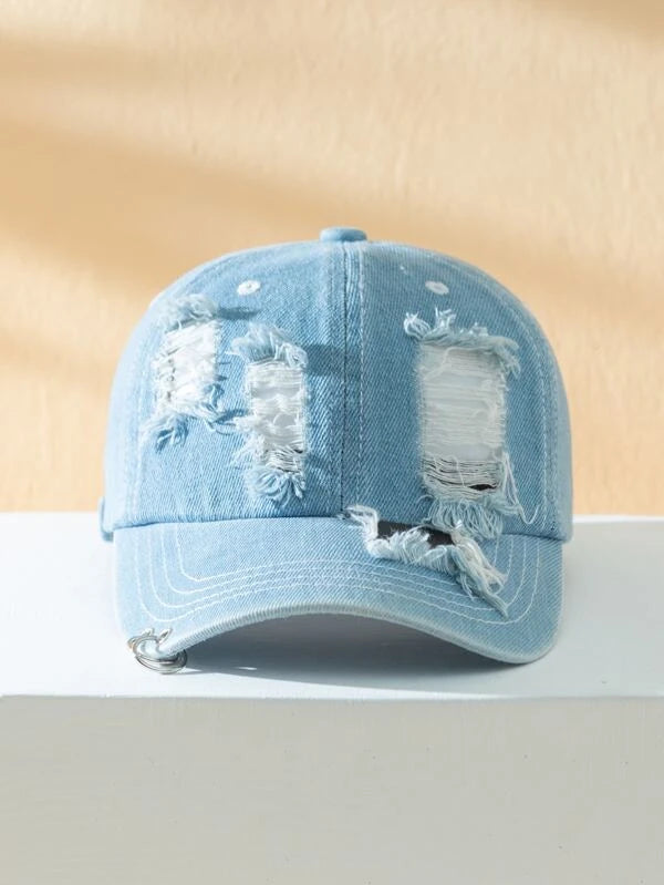 Men O-ring Decor Ripped Baseball Cap