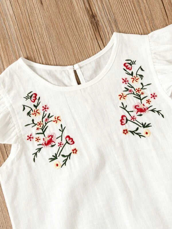 SHEIN Kids EVRYDAY Toddler Girls Floral Embroidery Ruffle Trim Blouse