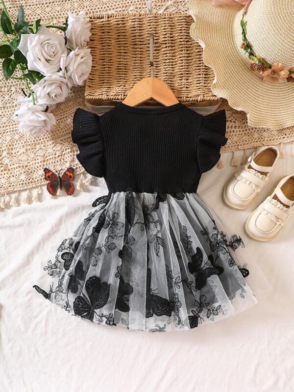 Baby Butterfly Appliques Ruffle Trim Mesh Overlay Dress