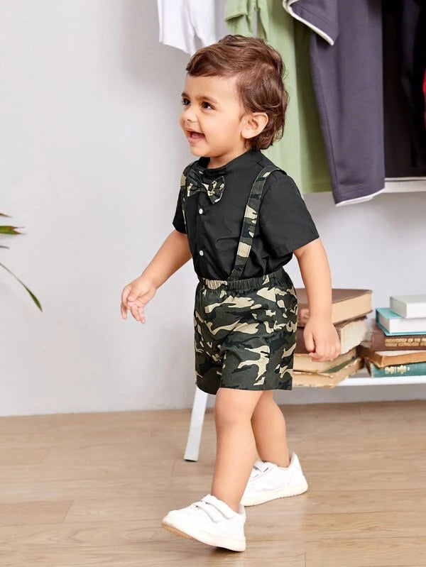 SHEIN Baby Boy Bow Front Shirt & Camo Print Suspender Shorts