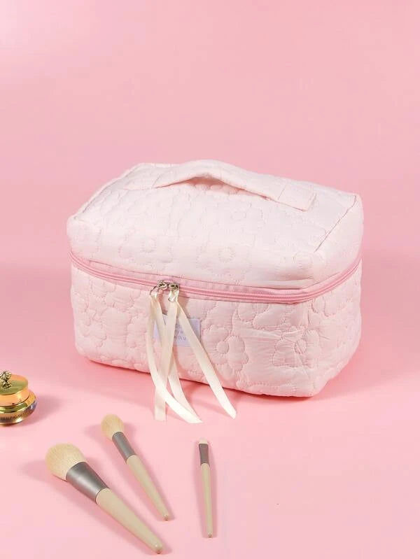 1pc Quilting Soft White Large Capacity Portable Travel Storage Makeup Bag For Women Girls