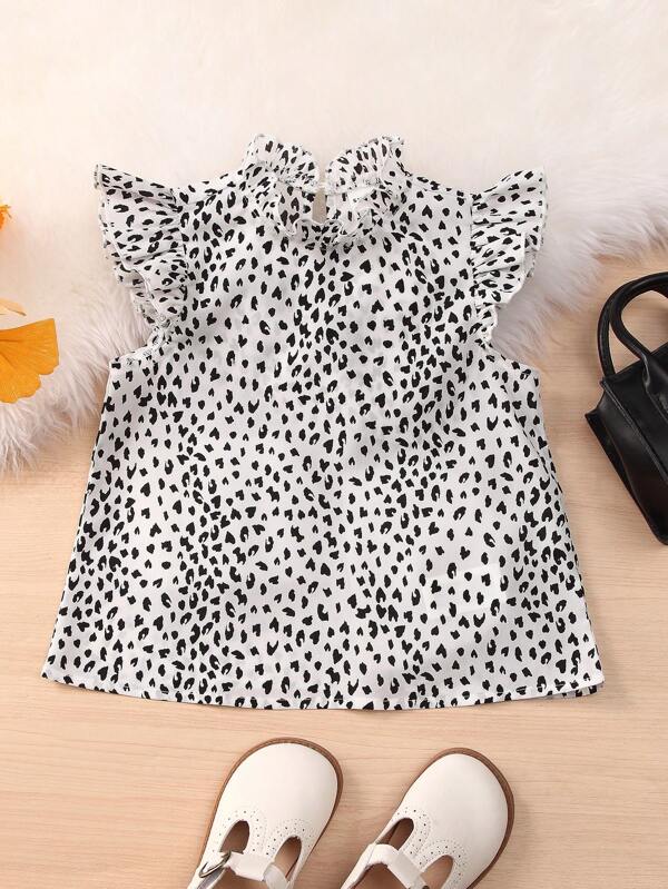 SHEIN Kids EVRYDAY Toddler Girls Dalmatian Print Ruffle Trim Mock Neck Blouse