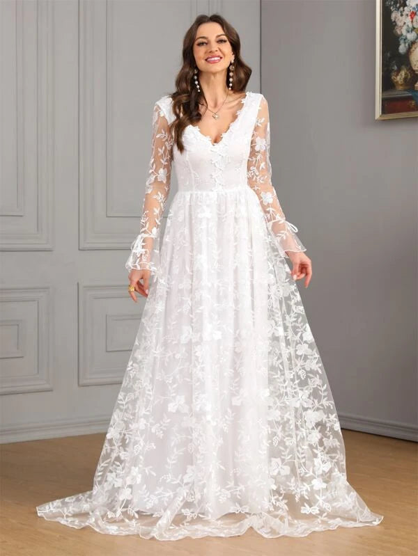 V Neck Floral Embroidery Mesh Overlay Maxi Wedding Dress