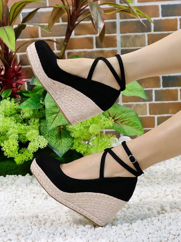 Women Minimalist Espadrille Ankle Strap Court Wedges, Vacation Outdoor Wedge Shoes