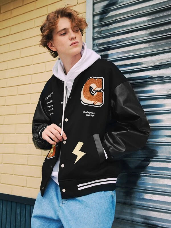 Men Cotton Cartoon Embroidered Patched Slogan Graphic Drop Shoulder Varsity Jacket