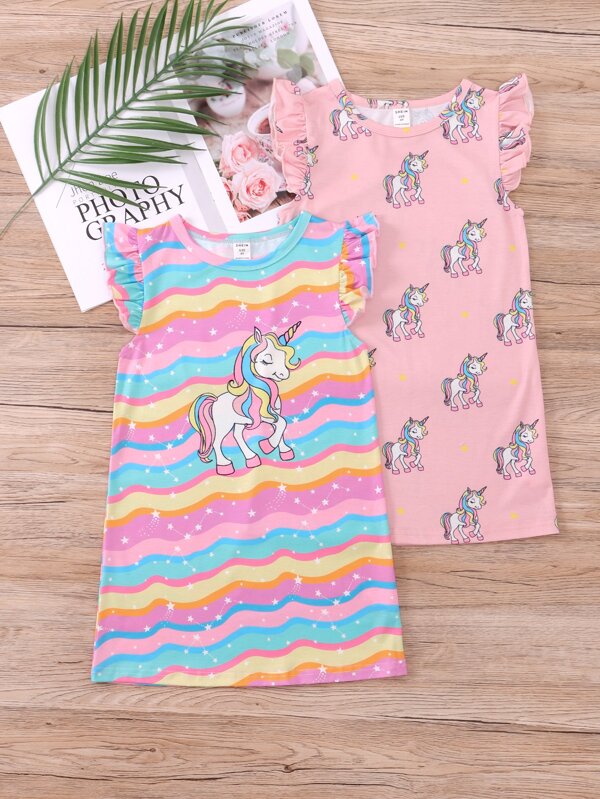 SHEIN Kids QTFun Toddler Girls 2pcs Unicorn & Rainbow Striped Print Night Dress