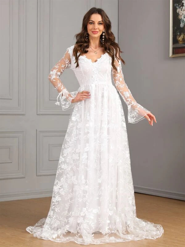 V Neck Floral Embroidery Mesh Overlay Maxi Wedding Dress