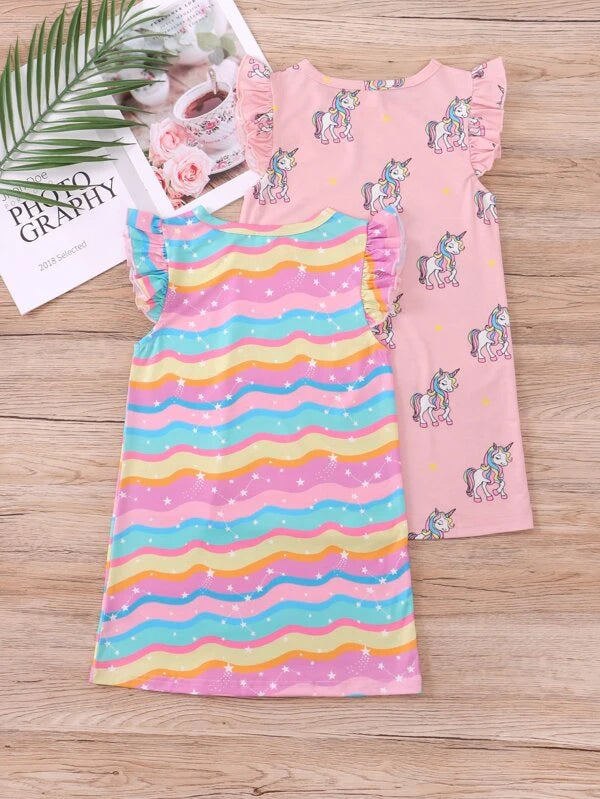 SHEIN Kids QTFun Toddler Girls 2pcs Unicorn & Rainbow Striped Print Night Dress