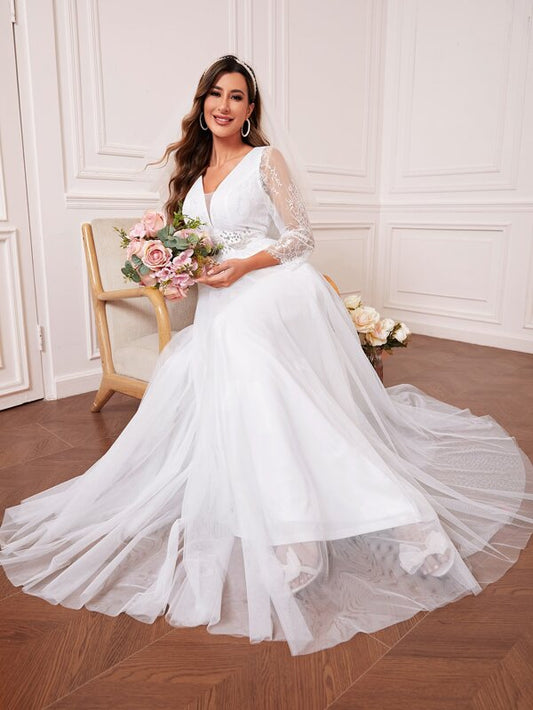 Contrast Lace Rhinestone Detail Mesh Overlay Wedding Dress