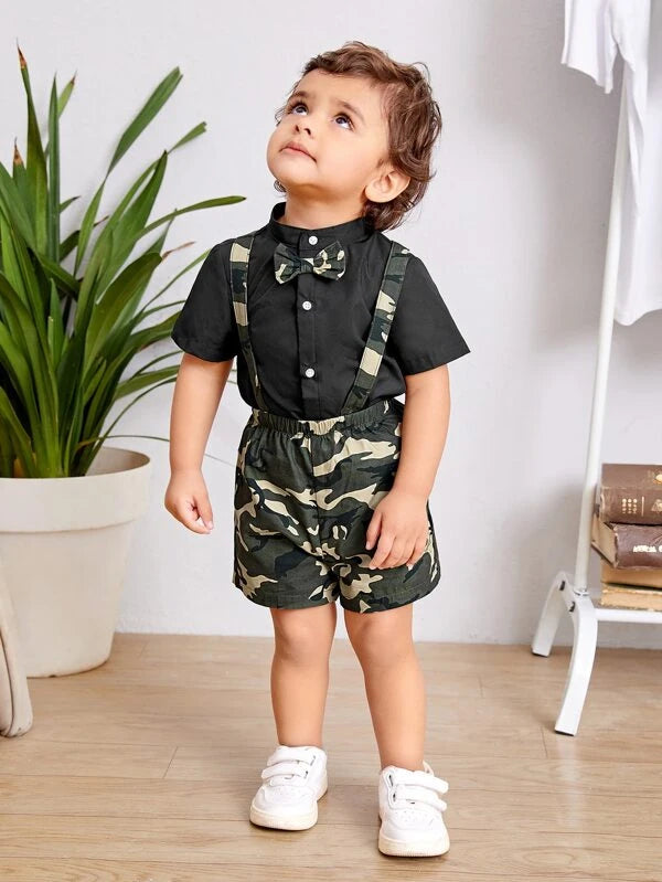 SHEIN Baby Boy Bow Front Shirt & Camo Print Suspender Shorts