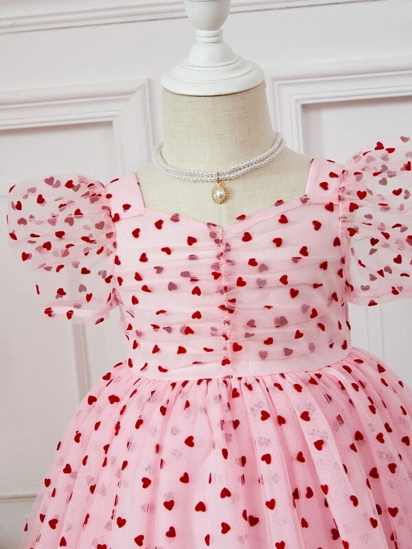 SHEIN Baby Heart Print Puff Sleeve Ruched Sweetheart Neck Mesh Dress