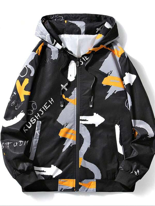 Men Letter Graphic Drawstring Hooded Jacket