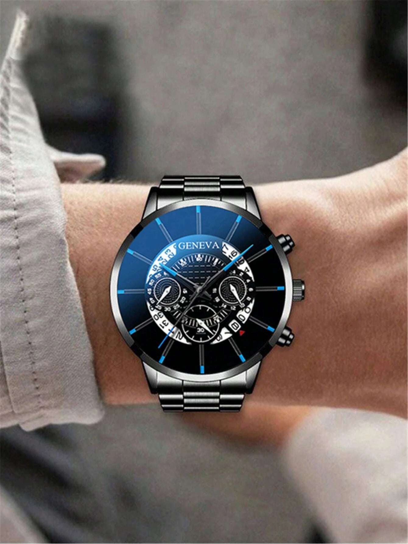 1pc Men Black Stainless Steel Strap Fashion Date Round Dial Quartz Watch & 2pcs Jewelry Set, For Daily Decoration