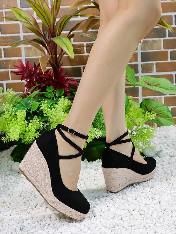 Women Minimalist Espadrille Ankle Strap Court Wedges, Vacation Outdoor Wedge Shoes