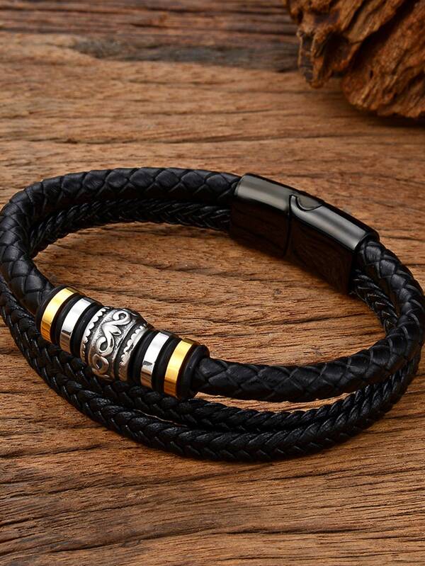 Stainless Steel Clasp Bracelet, Bovine Leather Multi-layer Braided Bracelet For Men And Women