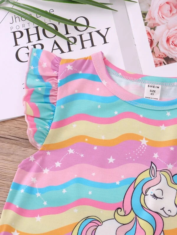 SHEIN Kids QTFun Toddler Girls 2pcs Unicorn & Rainbow Striped Print Night Dress