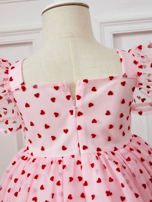 SHEIN Baby Heart Print Puff Sleeve Ruched Sweetheart Neck Mesh Dress