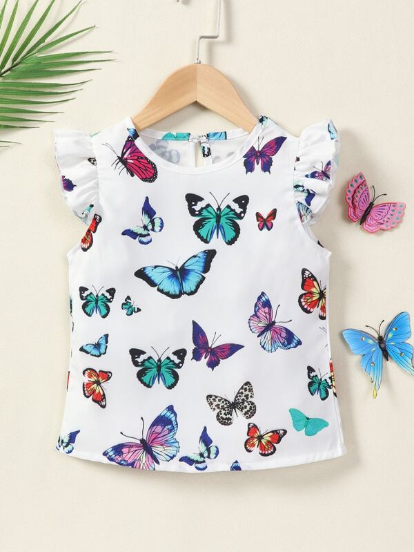 Toddler Girls Butterfly Print Ruffle Trim Blouse