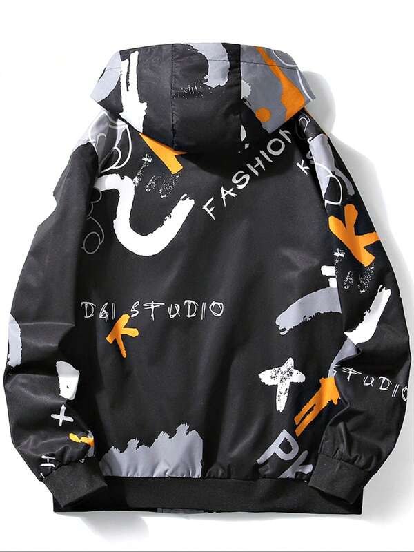 Men Letter Graphic Drawstring Hooded Jacket