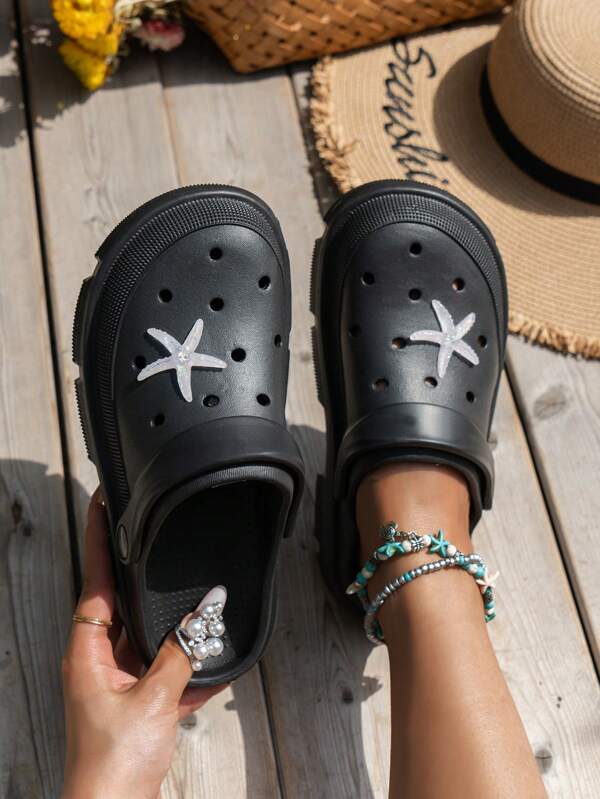 Women Starfish Decor Hollow Out Multi-way Wear Vented Clogs, Fashionable Black EVA Clogs