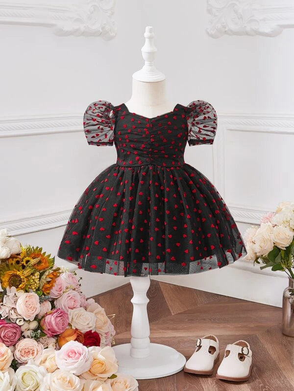 SHEIN Baby Heart Print Puff Sleeve Ruched Sweetheart Neck Mesh Dress