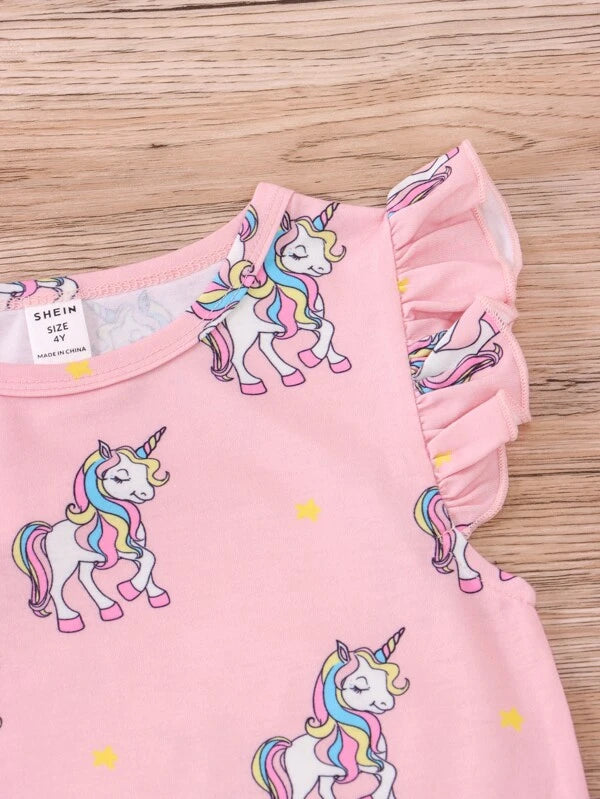 SHEIN Kids QTFun Toddler Girls 2pcs Unicorn & Rainbow Striped Print Night Dress