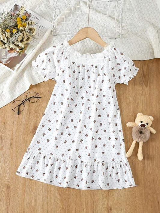 SHEIN Kids SUNSHNE Toddler Girls Bear & Heart Print Ruffle Hem Dress