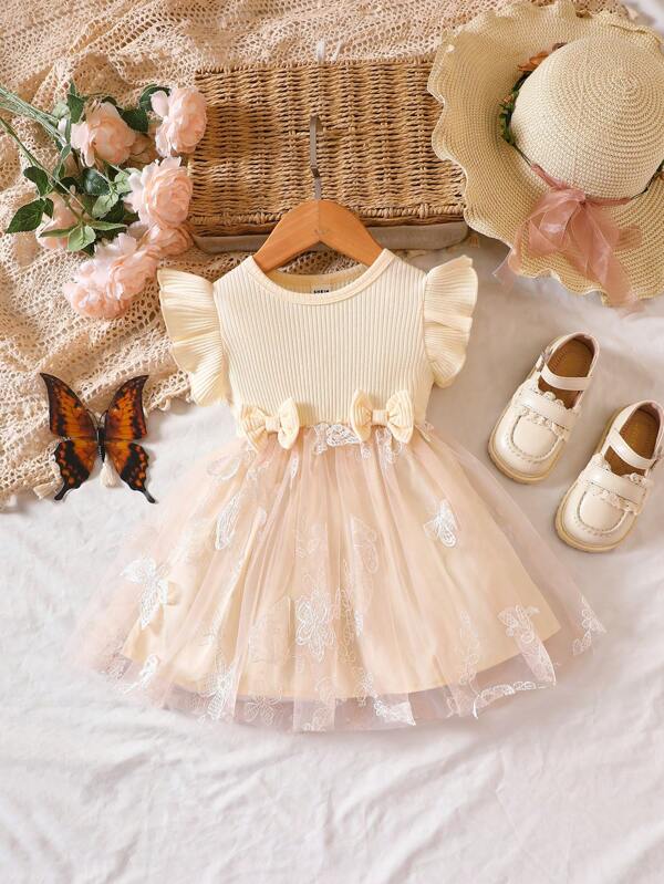 Baby Butterfly Appliques Ruffle Trim Mesh Overlay Dress