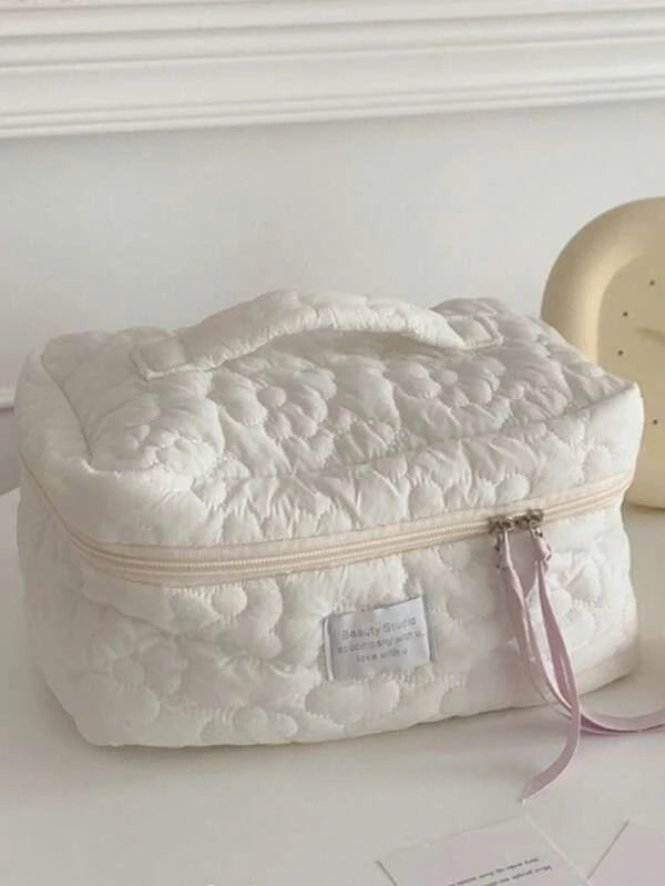 1pc Quilting Soft White Large Capacity Portable Travel Storage Makeup Bag For Women Girls