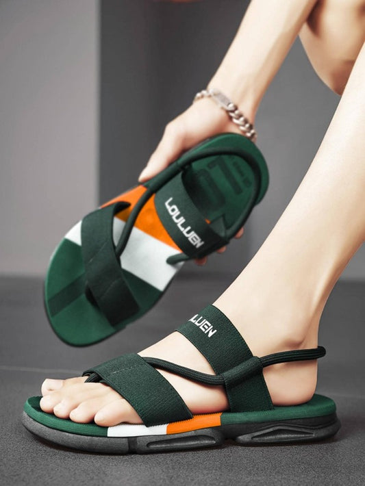 Men Letter Graphic Toe Post Sandals, Leisure Dark Green Polyester Thong Sandals For Summer