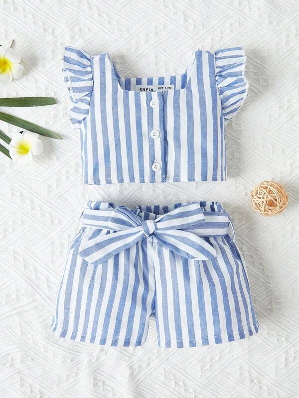 SHEIN Newborn Baby Striped Ruffle Trim Top & Paperbag Waist Belted Shorts