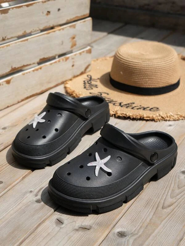 Women Starfish Decor Hollow Out Multi-way Wear Vented Clogs, Fashionable Black EVA Clogs