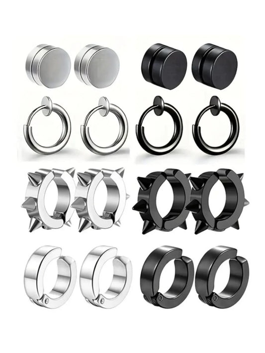 8pairs European And American Fashion Stainless Steel No Ear Hole Ear Clip Set Black Steel Color Magnet Ear Stud Spring Ear Clip Earring Mixed Set Unisex Cross-border Ear Jewelry Punk Style