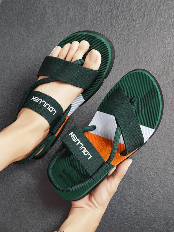 Men Letter Graphic Toe Post Sandals, Leisure Dark Green Polyester Thong Sandals For Summer