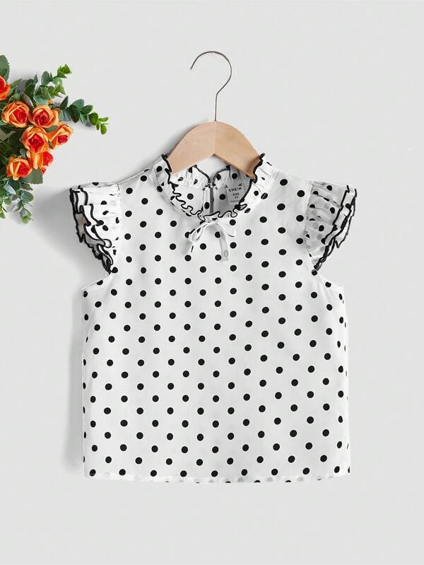 SHEIN Kids EVRYDAY Toddler Girls Polka Dot Print Ruffle Trim Mock Neck Top