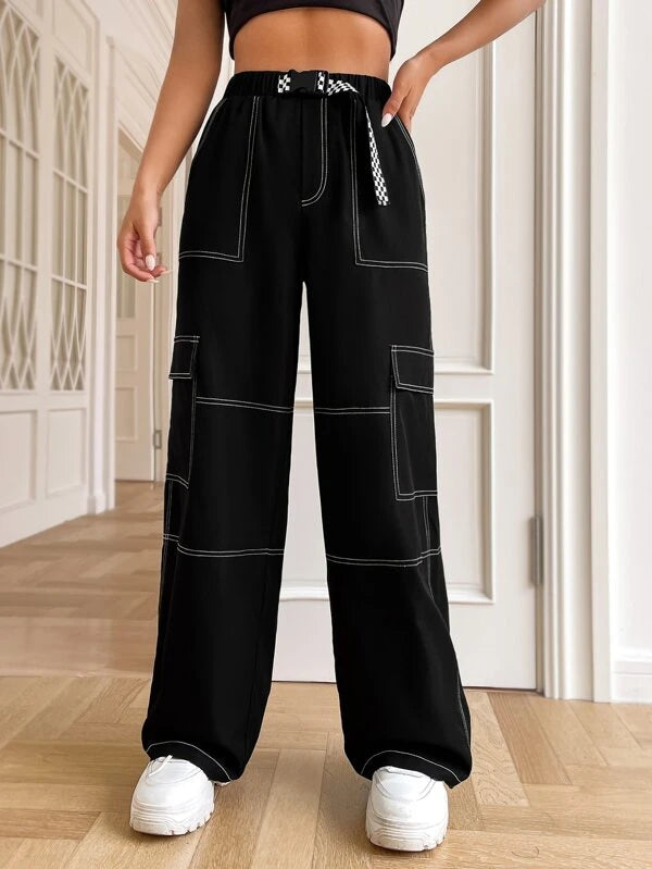 SHEIN EZwear Top-stitching Flap Pocket Side Belted Cargo Pants