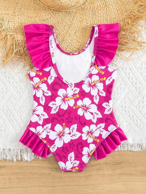 SHEIN Kids SUNSHNE Toddler Girls 1pc Floral Print Ruffle Trim One Piece Swimsuit