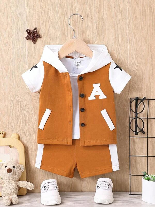 Baby Letter Graphic Two Tone Hooded Shirt & Shorts Without Tee
