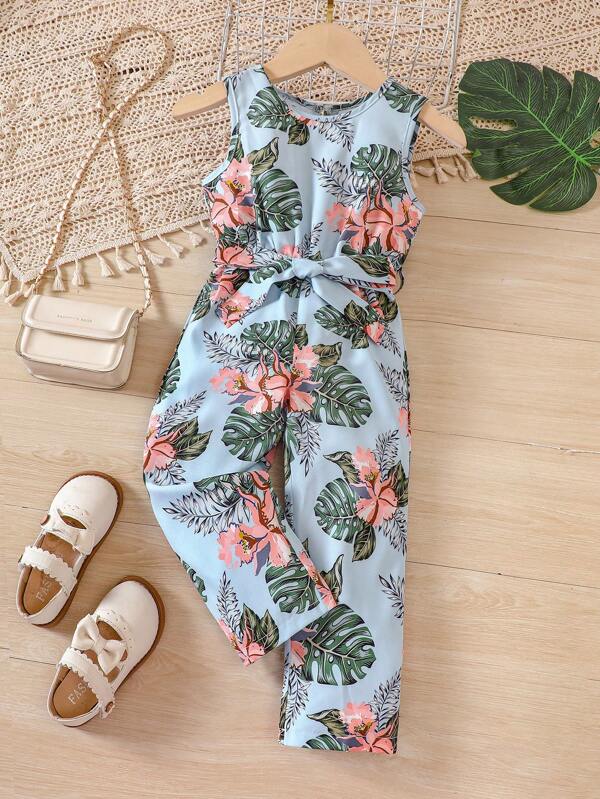 SHEIN Kids EVRYDAY Toddler Girls Tropical Print Belted Tank Jumpsuit