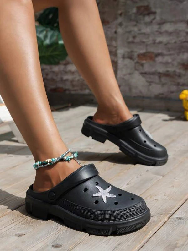 Women Starfish Decor Hollow Out Multi-way Wear Vented Clogs, Fashionable Black EVA Clogs