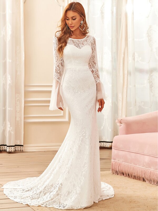 EVER-PRETTY Flounce Sleeve Floor Length Lace Wedding Dress