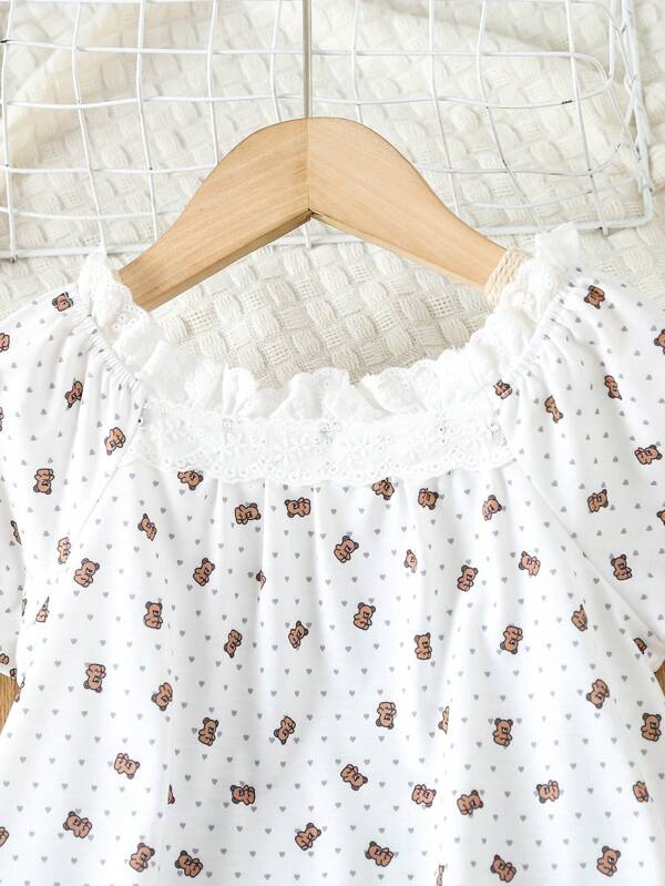 SHEIN Kids SUNSHNE Toddler Girls Bear & Heart Print Ruffle Hem Dress