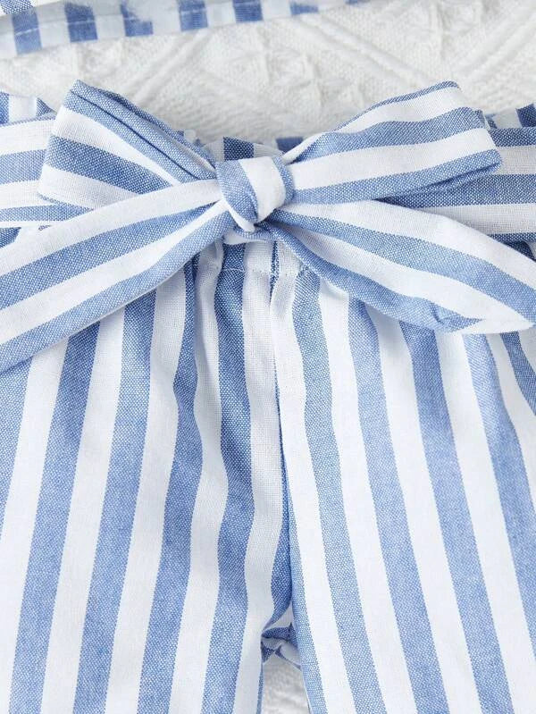 SHEIN Newborn Baby Striped Ruffle Trim Top & Paperbag Waist Belted Shorts