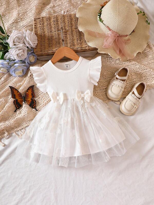 Baby Butterfly Appliques Ruffle Trim Mesh Overlay Dress