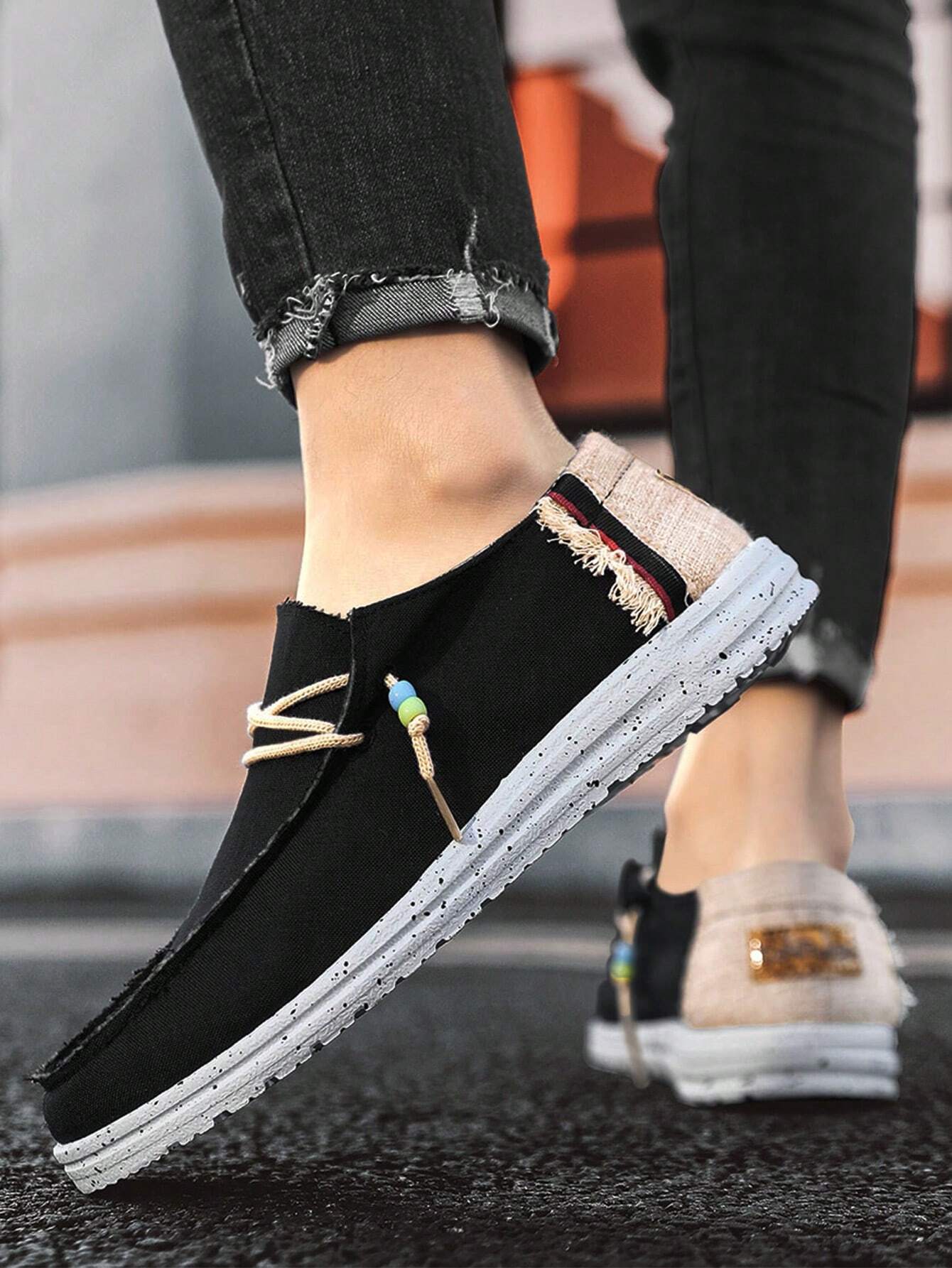 Fashionable Boat Shoes For Men, Canvas Beaded Decor Lace-up Front Loafers