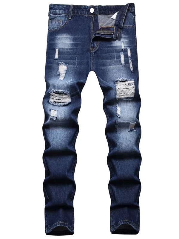 Men Cotton Ripped Cat Whisker Jeans