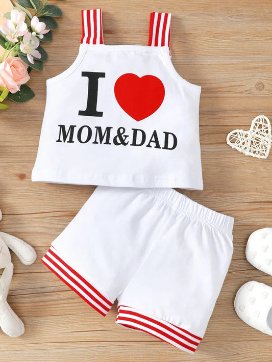 Baby Heart & Slogan Graphic Striped Wide Straps Top & Shorts