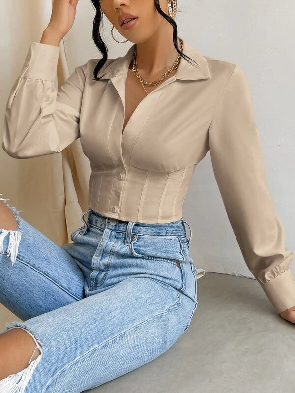 SHEIN Essnce Solid Button Front Crop Shirt