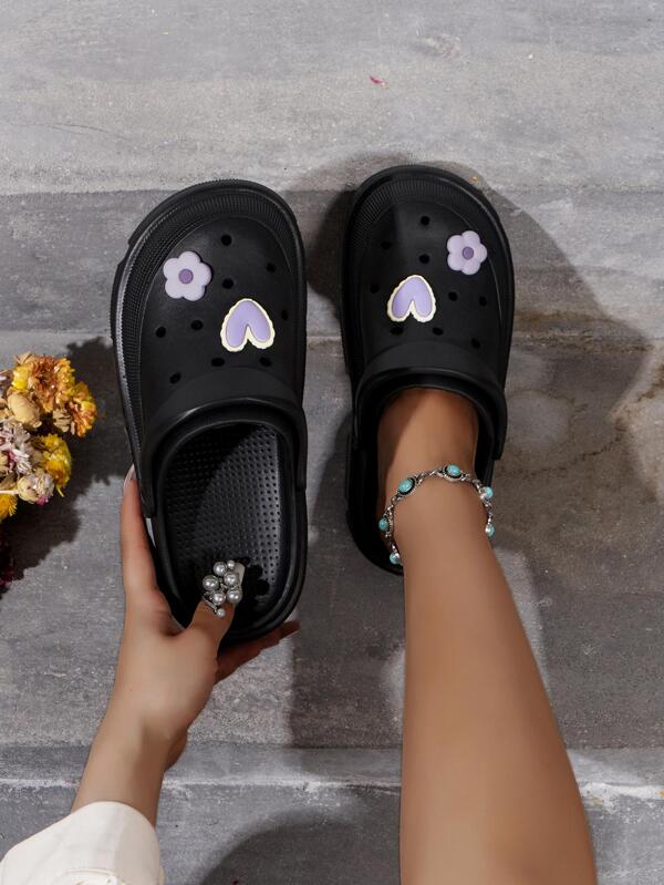 Women Non-slip Heart & Flower Decor Hollow Out Vented Clogs, Preppy Black EVA Clogs